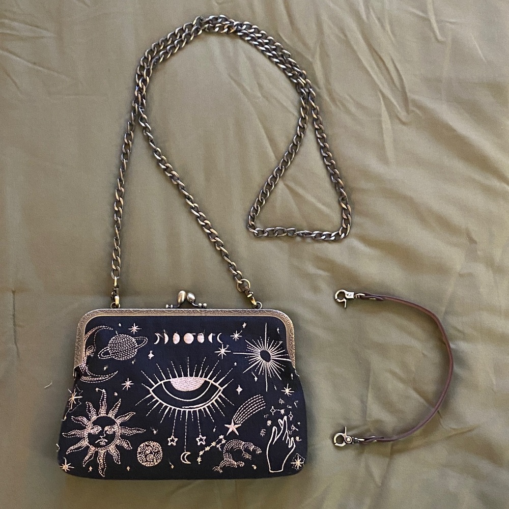 Embroidered Black Chain Strap Women Bag